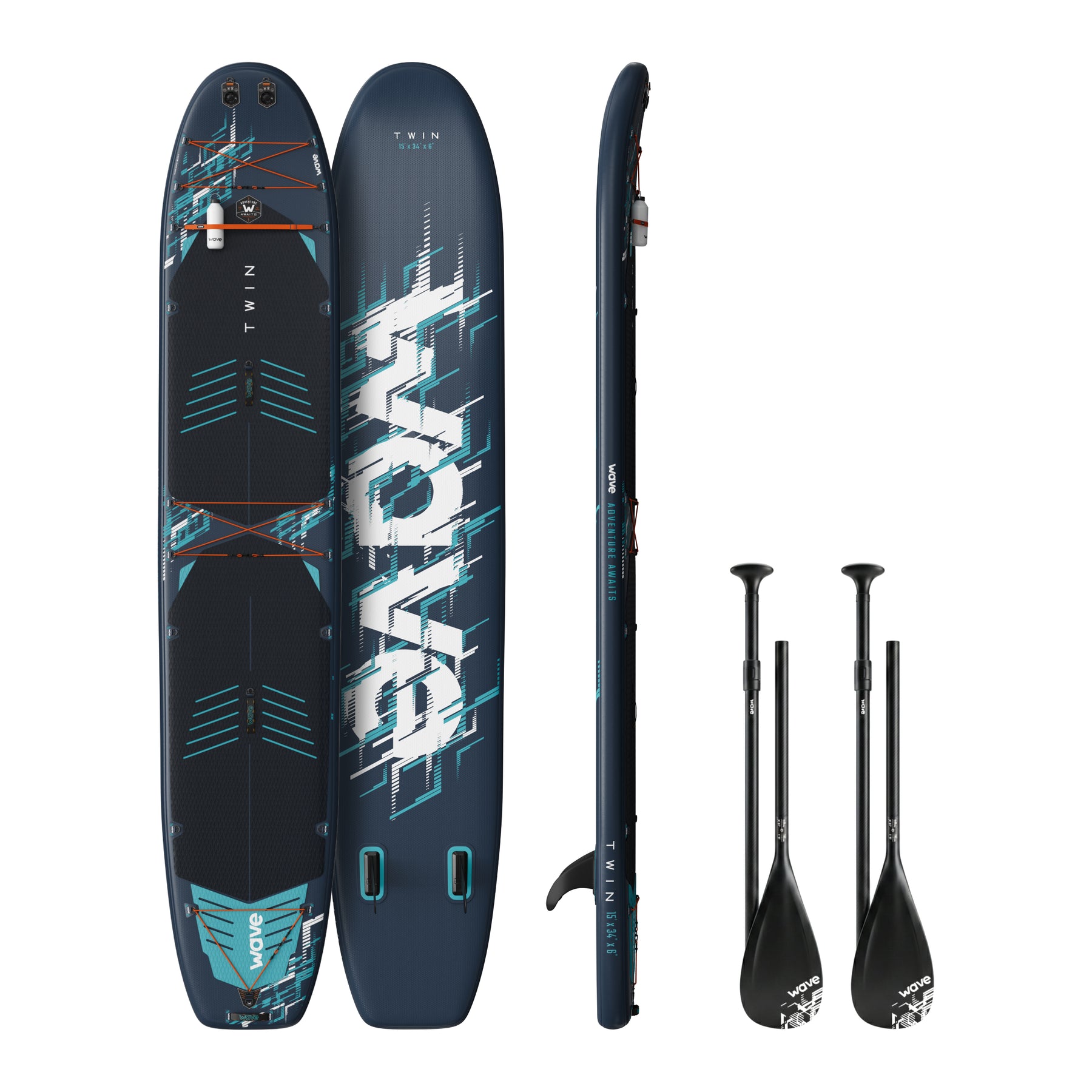 The Twin Tourer 3.0 SUP tandem inflatable paddleboard with two paddles