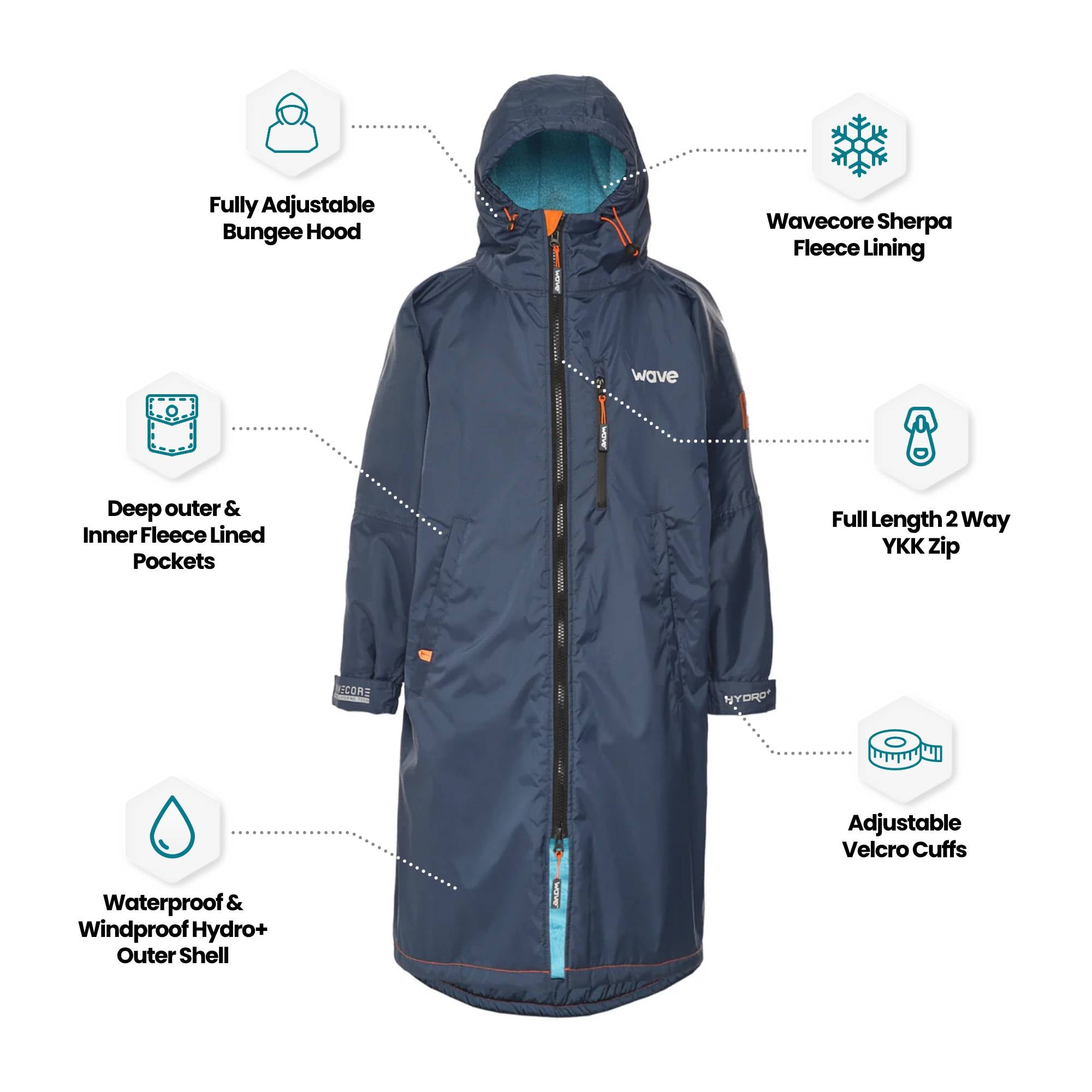 Fleece-Lined Waterproof Changing Robe | Waterproof & Windproof | Unisex | Navy Blue Wave Sups