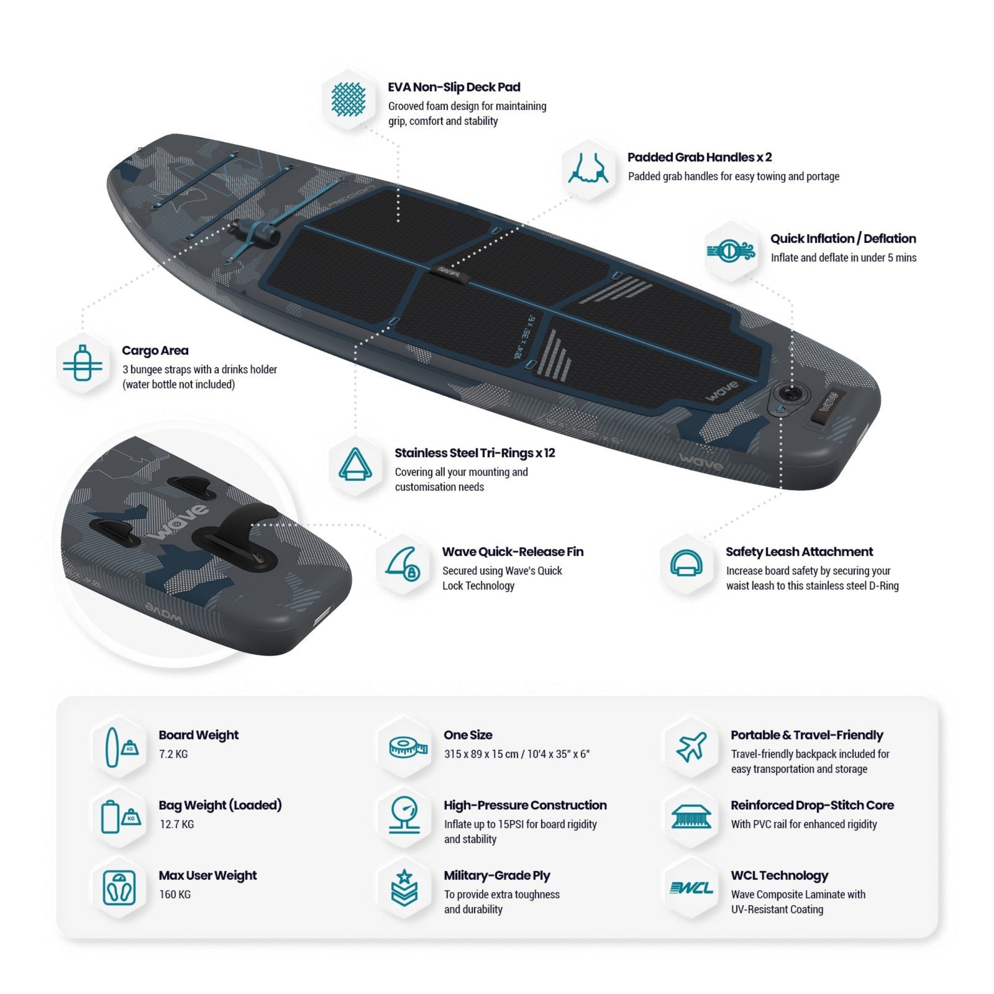 Recon SUP | Inflatable Paddle Board | 10'4ft | Grey Inflatable Paddleboards Wave Sups   